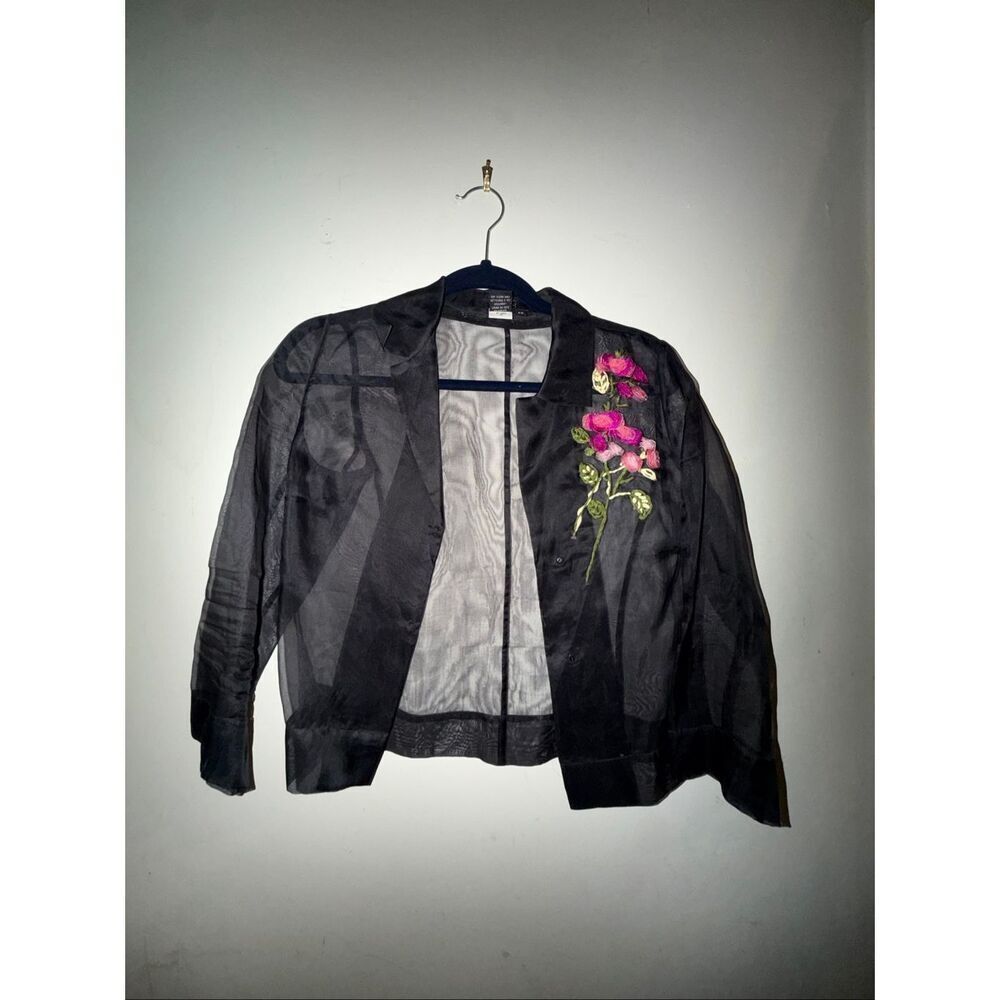 BCBG MAXAZRIA SIZE XS black womens sheer top blouse long sleeve with flower desi